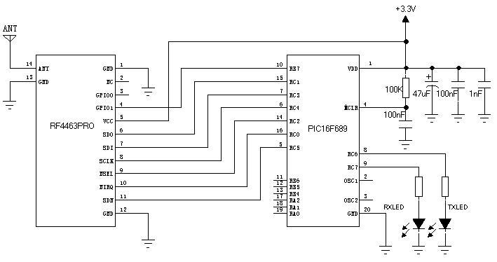RF4463PRO模块与PIC16F689微控制器的典型应用电路图