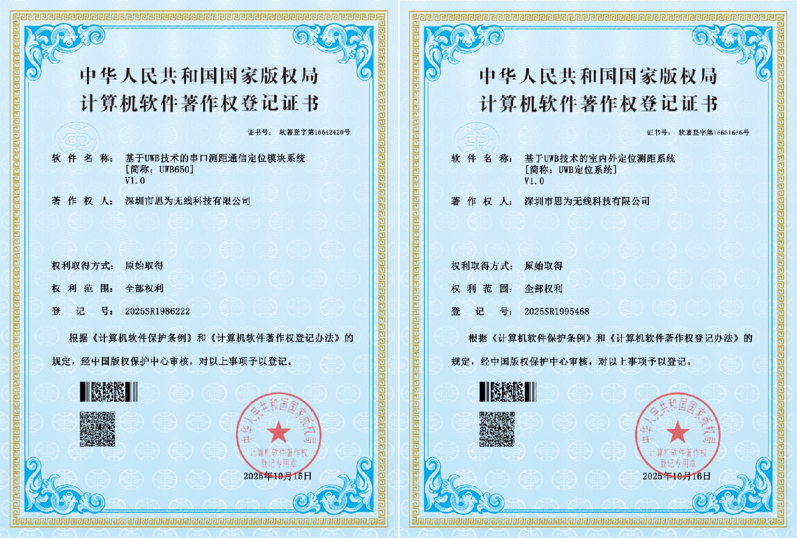 关于思为无线UWB650模块获得软件著作权登记认证说明​​