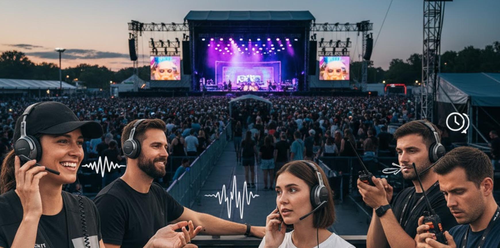 在拥挤的音乐会上使用全双工耳机的活动工作人员