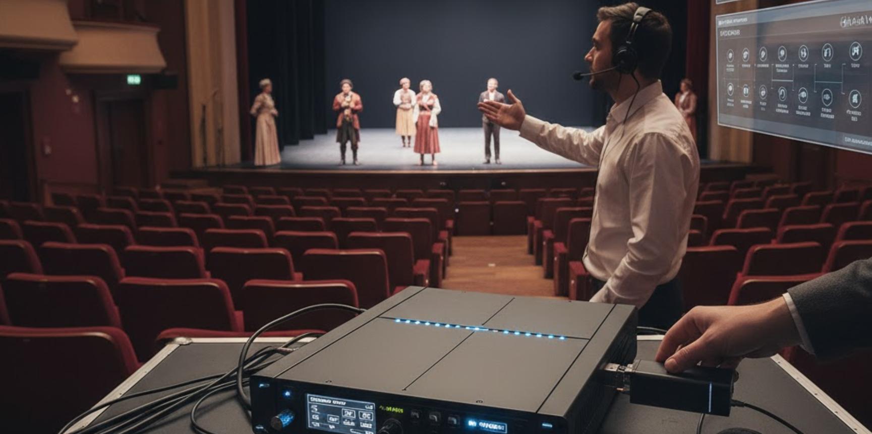 舞台导演在剧院排练期间使用专业的对讲系统