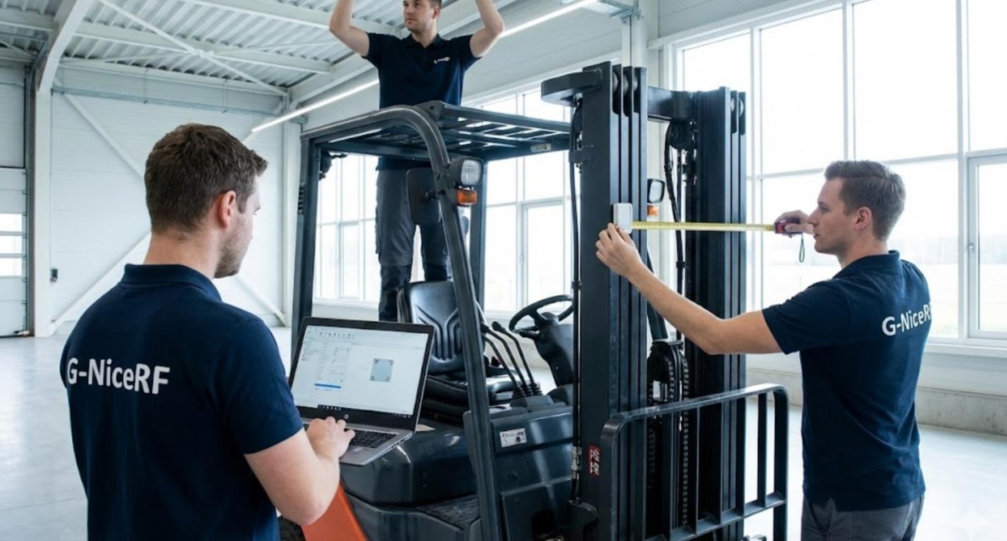 技术人员在叉车上安装 UWB 基站并校准标签