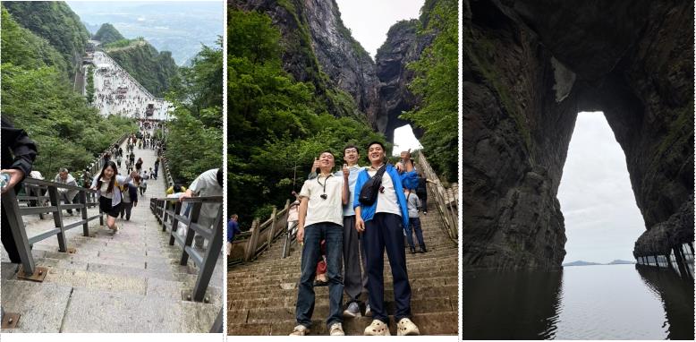 天门洞洞口仰拍、团队登台阶的过程
