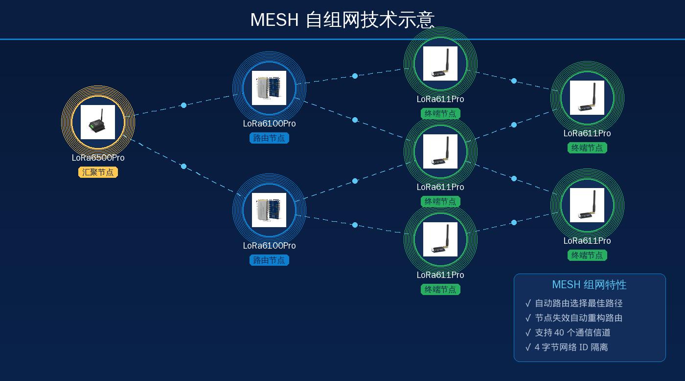 MESH 自组网拓扑示意——LoRa6500Pro 作为汇聚节点,LoRa6100Pro-mini 作为路由节点,LoRa611Pro 作为终端节点