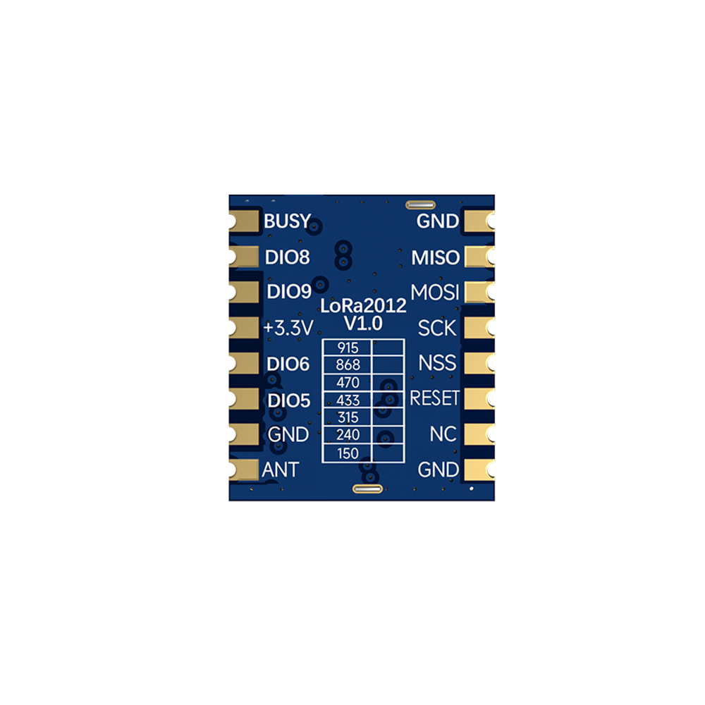 LoRa2012 LoRa无线通信模块背面，展示MISO、MOSI、SCK、NSS、ANT等引脚标识