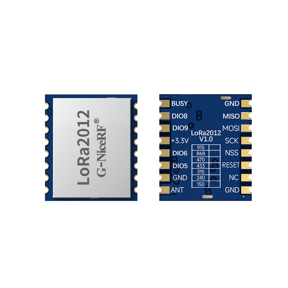 LoRa2012 LoRa无线通信模块正反面对比图，展示屏蔽罩和接口引脚丝印