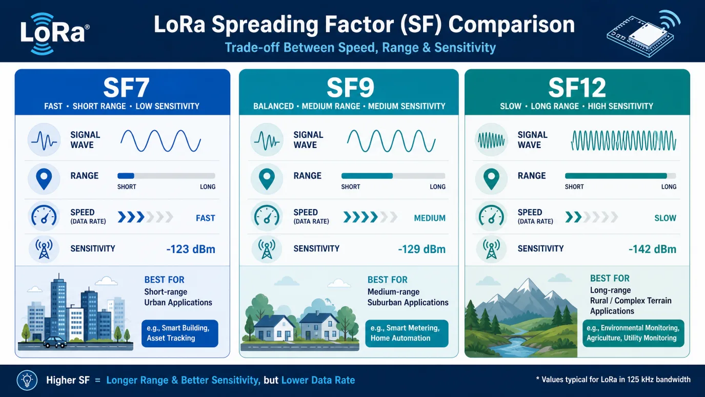 LoRa扩频因子SF7 SF9 SF12参数对比
