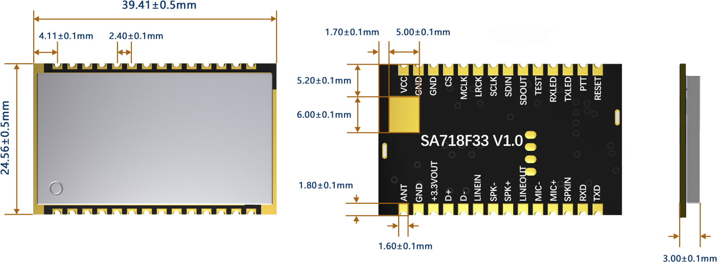 SA718F33无线音频模块机械尺寸图